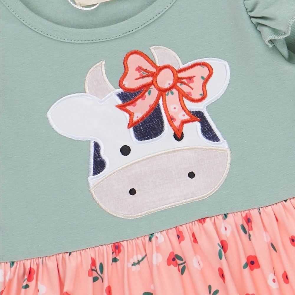 NWT Marie Nicole Girls Size 5Floral Green and Pink Cow Farm Long Sleeve Dress - Picture 3 of 3